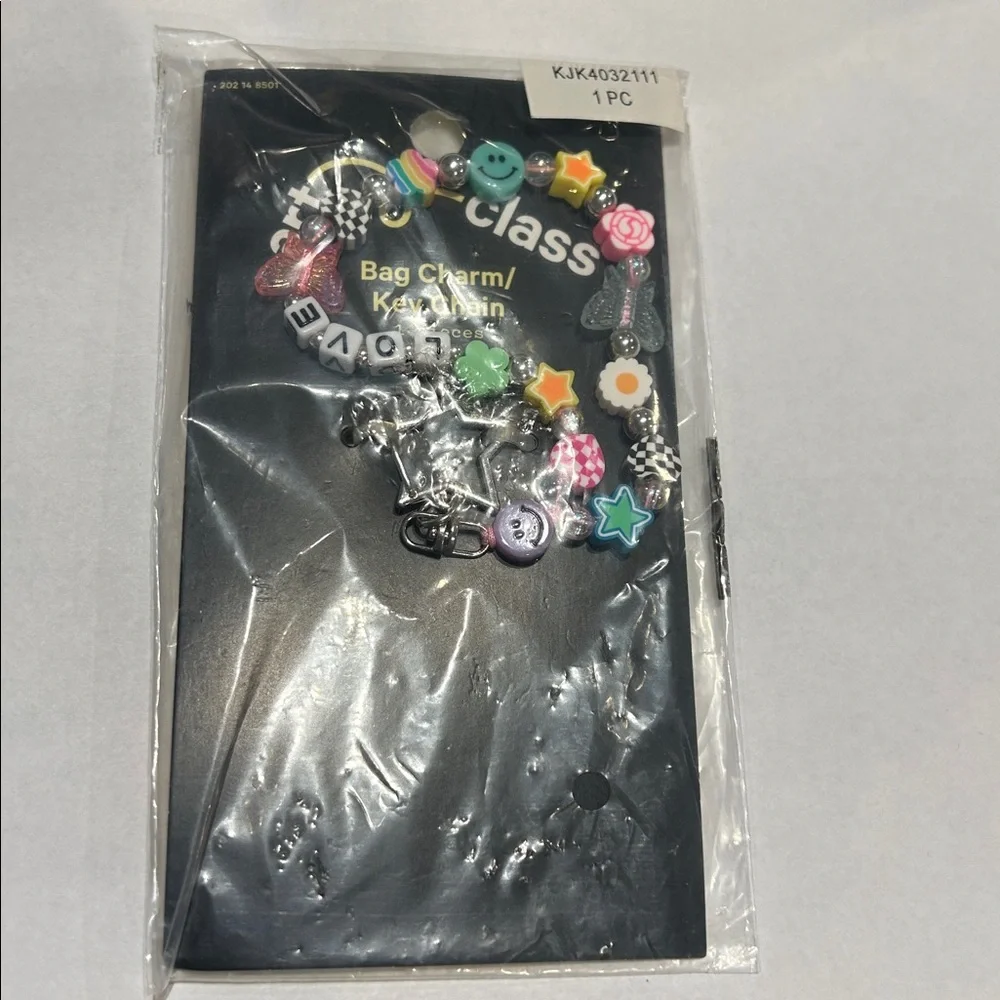 Art Class beaded bag charm/key chain smiley face, a checkered heart spell LOVE